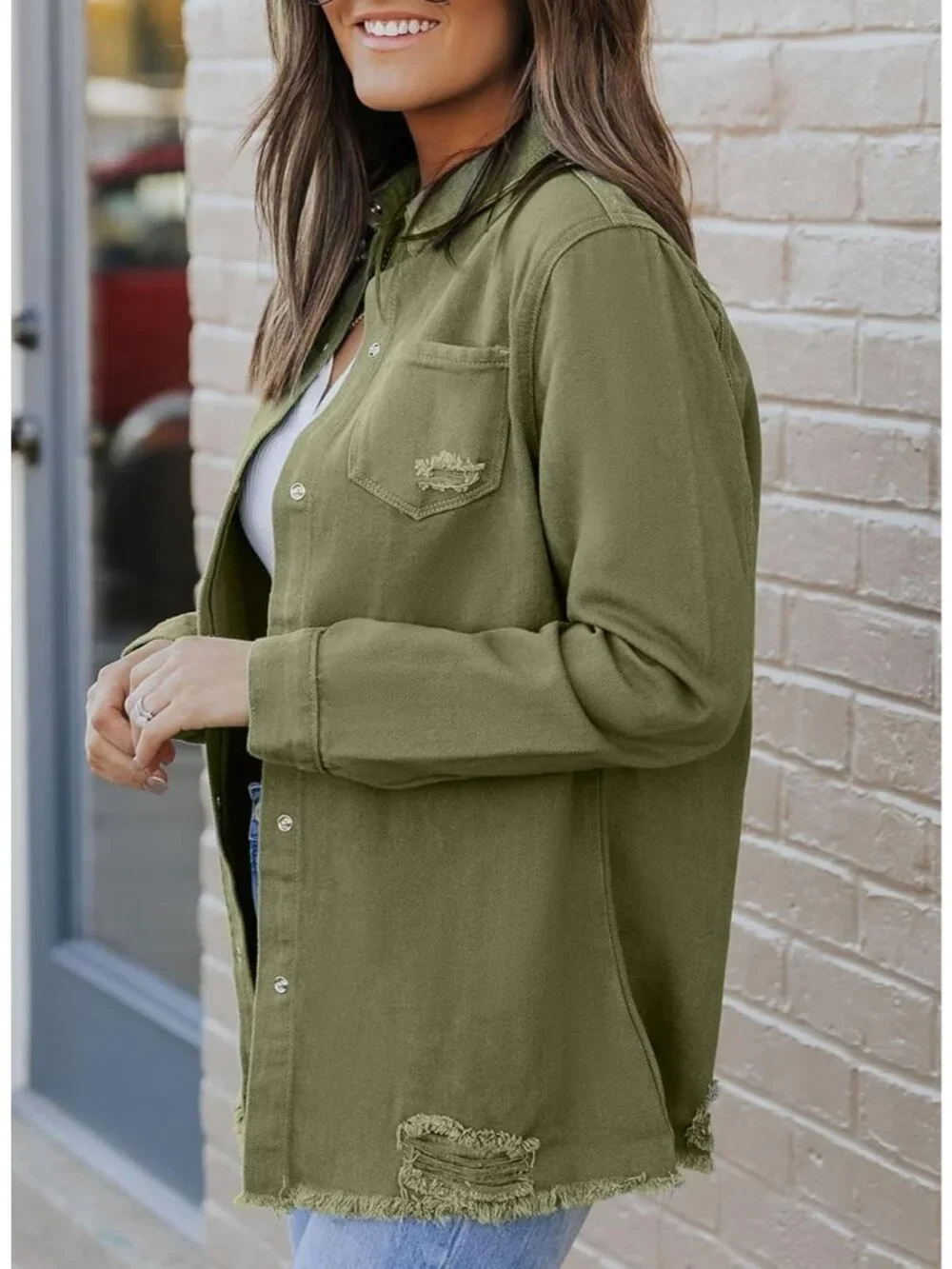 Women's Green Denim Button Down Oversized Distressed Boyfriend Jean Jacket